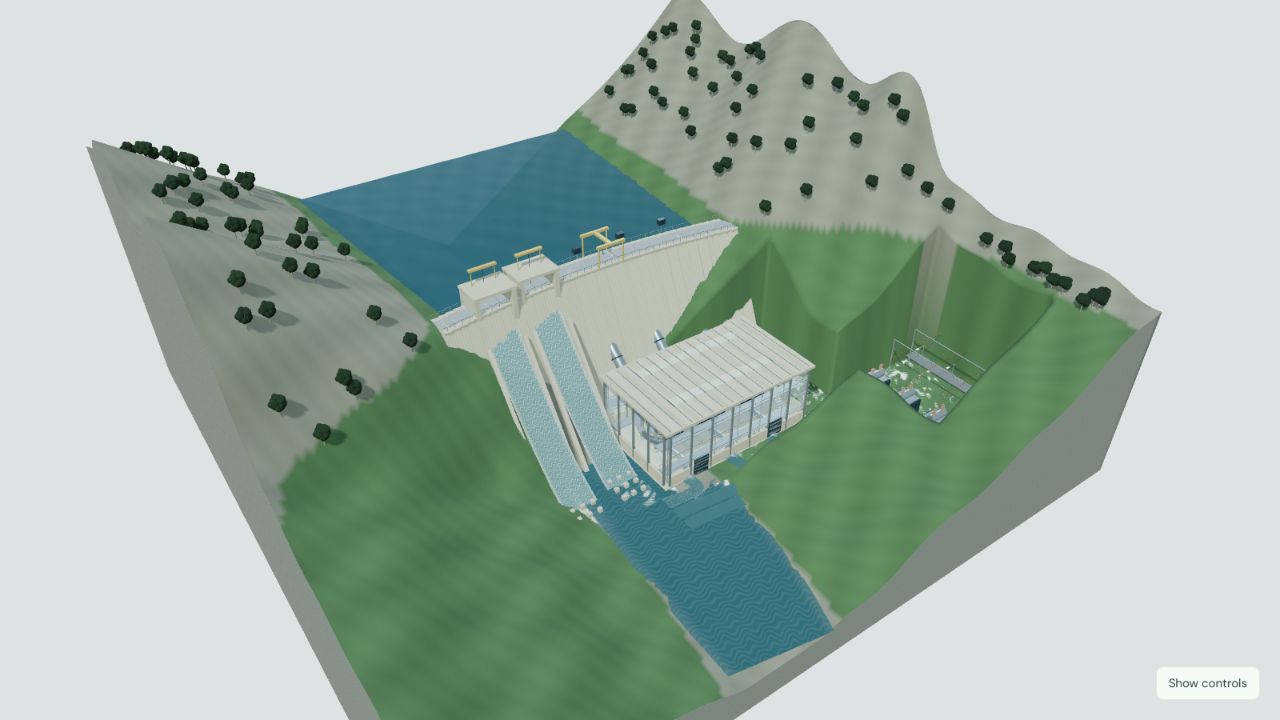 Hydroelectric dam with exposed turbine and generator